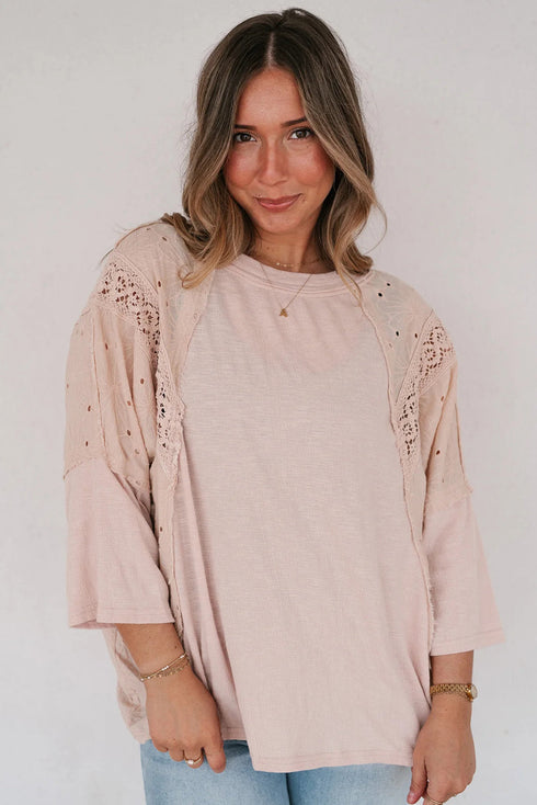 Apricot Pink Floral Lace Eyelet Patchwork Bracelet Sleeve T Shirt