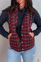 Red Retro Plaid Snap Button Zip Up Winter Vest