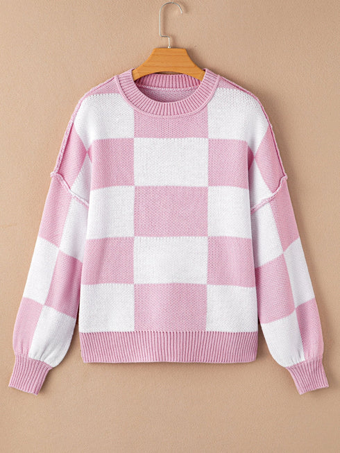 Pink Checkered Bishop Sleeve Sweater