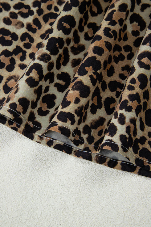 Khaki Contrast Striped Trim V Neck Leopard Shirt