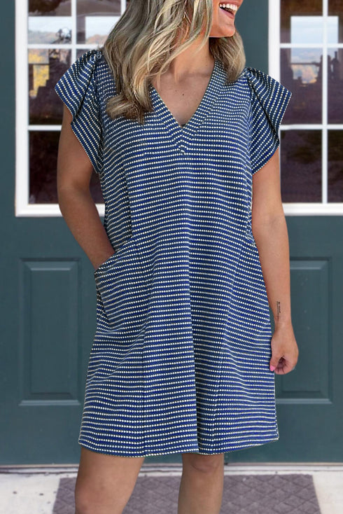 Blue Stripe Textured Knit V Neck Flutter Sleeve Shift Mini Dress
