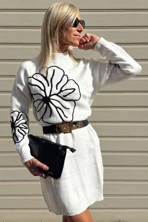 White Floral Embroidered Mock Neck Mini Sweater Dress