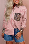 Racing Red Striped Leopard Print Patchwork Button Up Womens Shirt