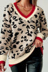 Khaki Leopard Pattern Knit Contrast Striped Trim V Neck Sweater