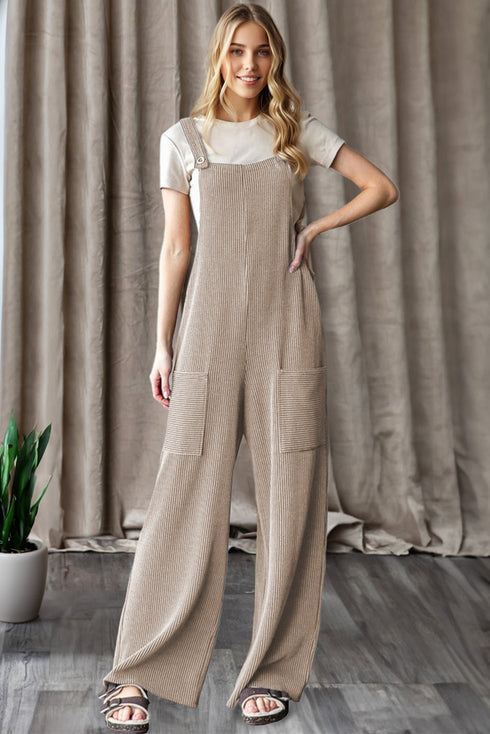 Parchment Ribbed Knit Patched Pocket Wide Leg Overalls