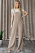 Parchment Ribbed Knit Patched Pocket Wide Leg Overalls