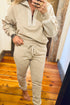 Beige Zip Contrast Collar Patchwork Pullover Drawstring Pants 2pcs Outfit