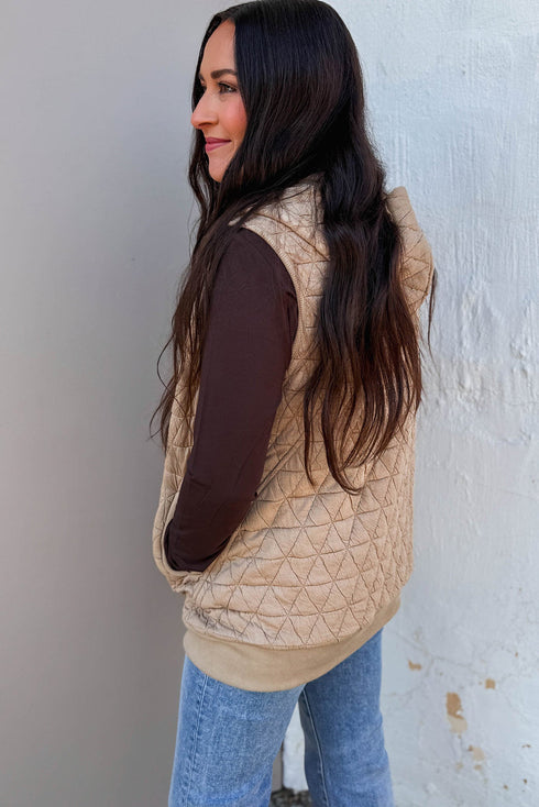Parchment Quilted Texture Zip Up Hooded Vest
