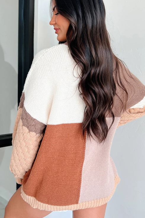 Coffee Mix Texture Colorblock Knit Baggy Sweater