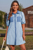 Sky Blue Stripe Color Block Patchwork Shirt Collar Button Down Puff Sleeve Mini Dress
