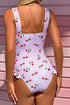 Pink Plaid Cherry Print Bow Knot Ruffle Trim One Piece Swimsuit