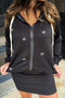 Black Contrast Bow Embroidered Zip Up Jacket Hoodie