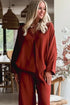 Red Clay Braided Trim V Neck Oversize Top Drawstring Pants Loose 2pcs Outfit