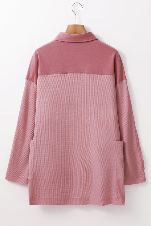 Pink Waffle Long Sleeve Collar Half Button Loose Top