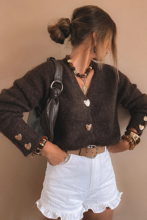 Chicory Coffee V Neck Heart Chunky Knit Metal Button Sweater Cardigan
