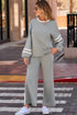 Gray Varsity Stripe Patchwork Puff Sleeve Pullover Drawstring Wide Leg Pant Set