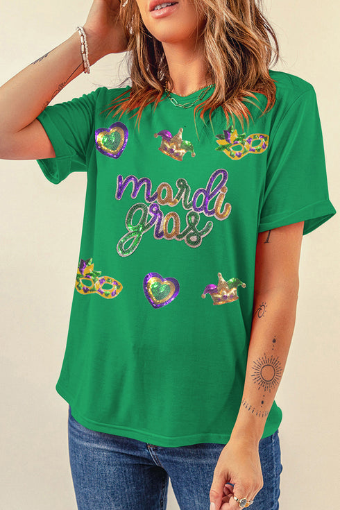 Bright Green Mardi Gras Sequin Holiday Patterned Festive T Shirt