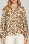 Khaki Abstract Floral Print Ruffle Hem Long Sleeve Shirt