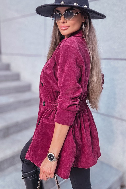 Pitaya Pink Corduroy Double Breasted Smocked Waist Blazer