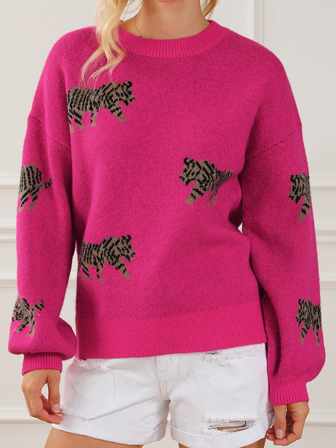 rose-red-fierce-animal-pattern-casual-knitted-sweater