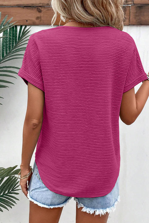 Bright Pink Textured Wide Sleeve V Neck T Shirt