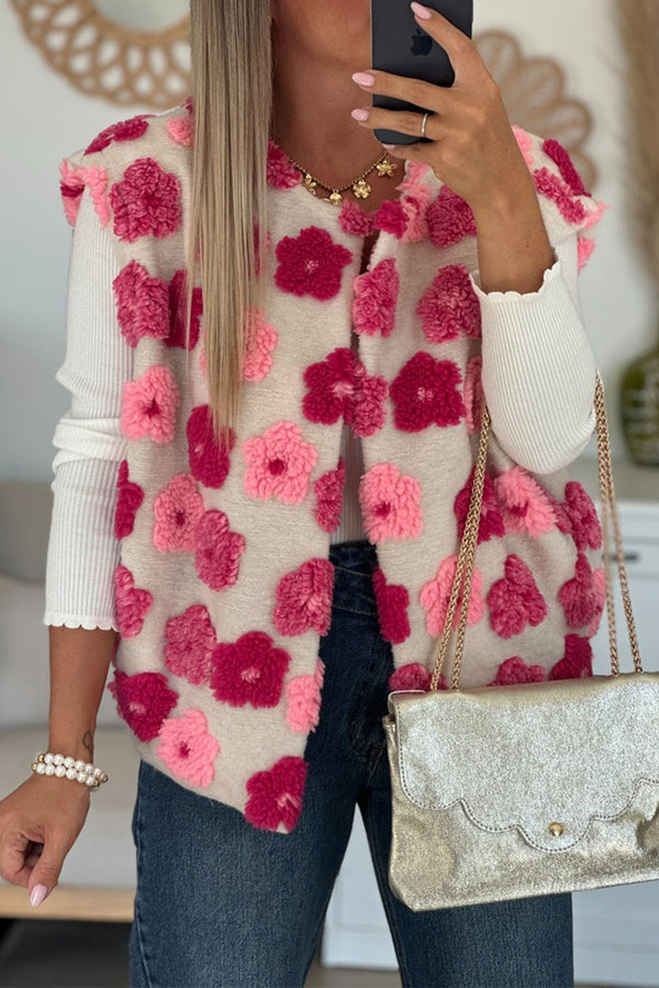 Rose Red Plush Flower Embellishment Open Front Vest