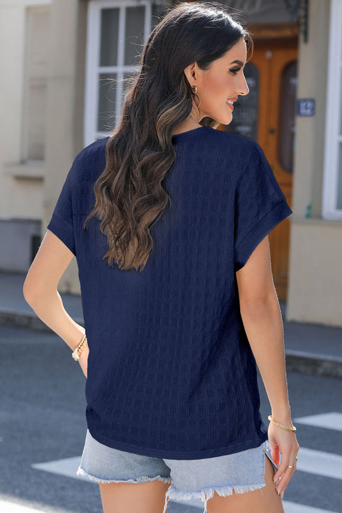 Sail Blue Solid Color Textured Batwing Sleeve Tee