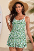 Green Floral Print Ricrac Trim Spaghetti Strap One Piece Swim Dress