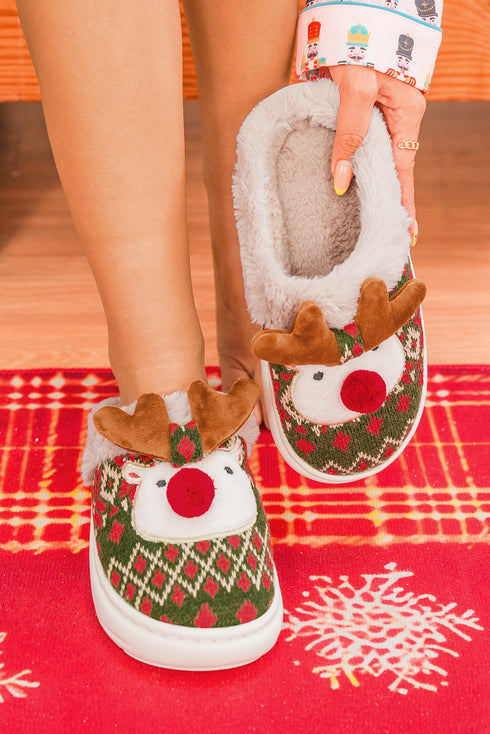 Fern Green Retro Geometric Knit 3D Christmas Reindeer Plush House Slippers