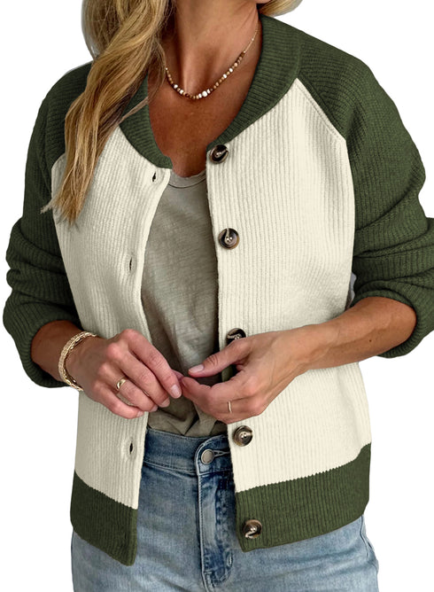 Blackish Green Color Block Ribbed Knit Button Down Sweater Cardigan