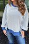 Dark Blue Waffle Knit Exposed Stitching Casual Top with Side Slits