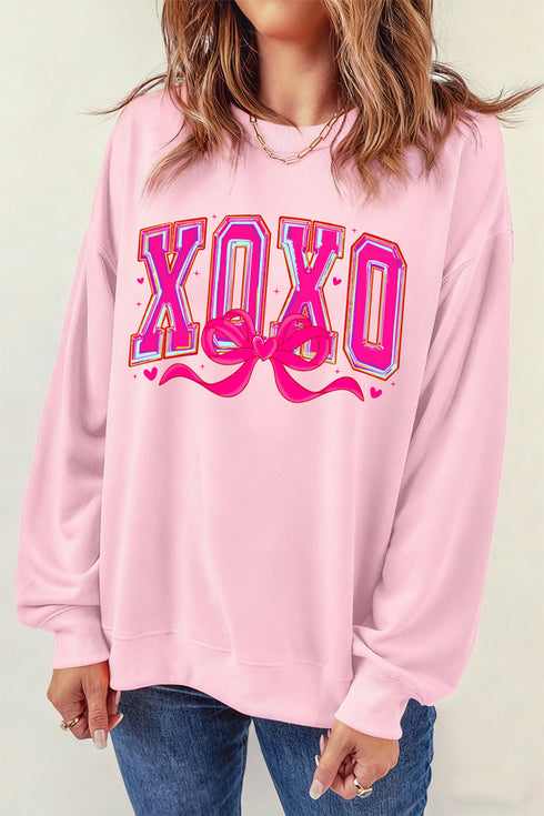 Pink XOXO Valentines Day Heart Ribbon Bow Printed Pullover Sweatshirt
