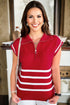 Fiery Red Quarter Zip Striped Detail Short Sleeve Sweater