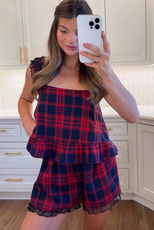 Red Plaid Print Lace Trim Flounce Hem Tank Loose Shorts 2pcs Pajama Set