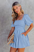 Sky Blue Brown Square Neck Ruched Puff Sleeve Romper