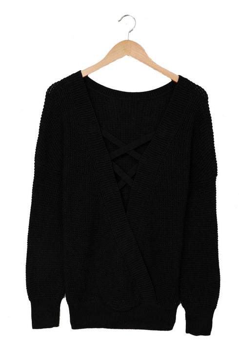 Black Cross Back Hollow-out Sweater