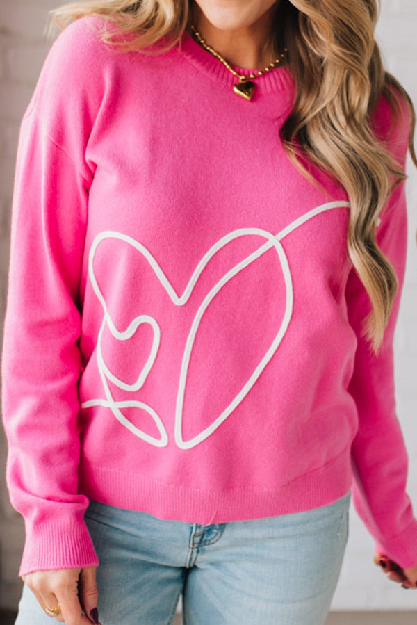 Heart Embroidered Ribbed Edge Crew Neck Sweater