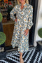 Gray Abstract Floral Print Split V Neck Long Dress with Sleeves