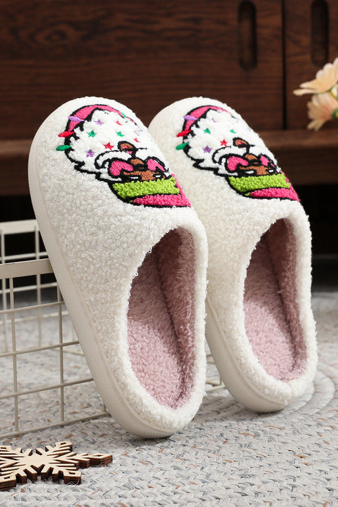 White Starry Santa Claus Pattern Christmas Plush Slippers