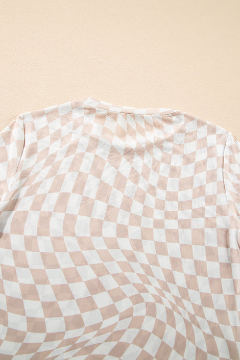 Khaki Checkered Pattern Mesh Mock Neck Long Sleeve Top