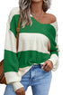 Green Stripe Loose Color Block Drop Shoulder Bubble Sleeve Sweater