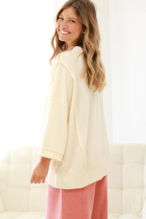 Beige Plus Size Raw Seam Detail Floral Bow Patched Baggy Pullover