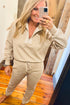 Beige Zip Contrast Collar Patchwork Pullover Drawstring Pants 2pcs Outfit