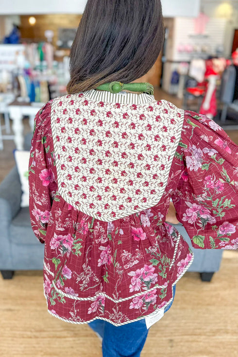 Red Floral Print Contrast Yoke Patchwork Striped Trim Long Puff Sleeve Blouse