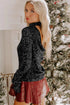 Black Sequin Mock Neck Drape Open Back Bell Sleeve Top