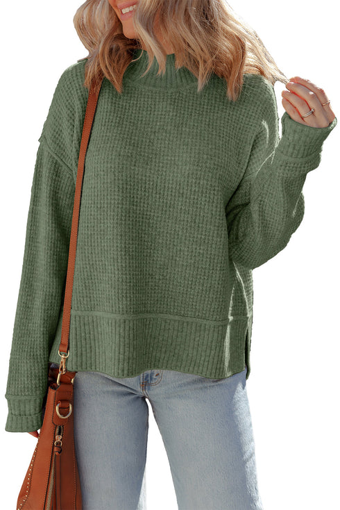 Mist Green Waffle Texture Knit Ribbed High Neck Drop Shoulder Sweater