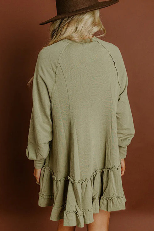 Laurel Green Jacquard Frilled Ruffled Long Sleeve Mini Dress