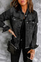 Black Lapel Distressed Raw Hem Buttons Denim Jacket