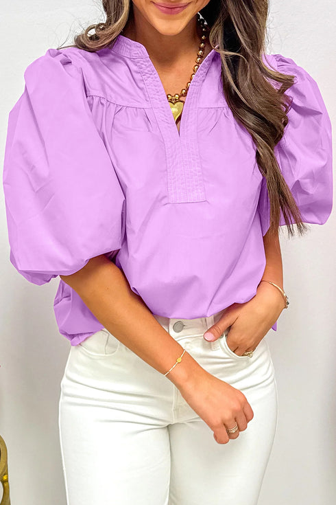 Phalaenopsis Stitched Detail V Neck Puffy Half Sleeve Blouse