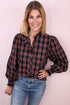 Multicolour Plaid Pattern Frilled Collared Puff Sleeve Shirt